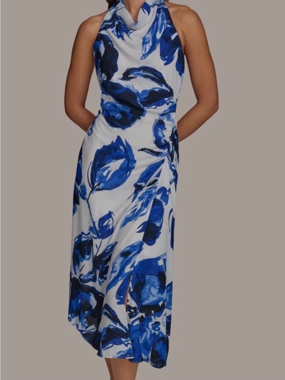 Donna Karan White Maxi Dress with Bold Blue Floral Print Originally $149